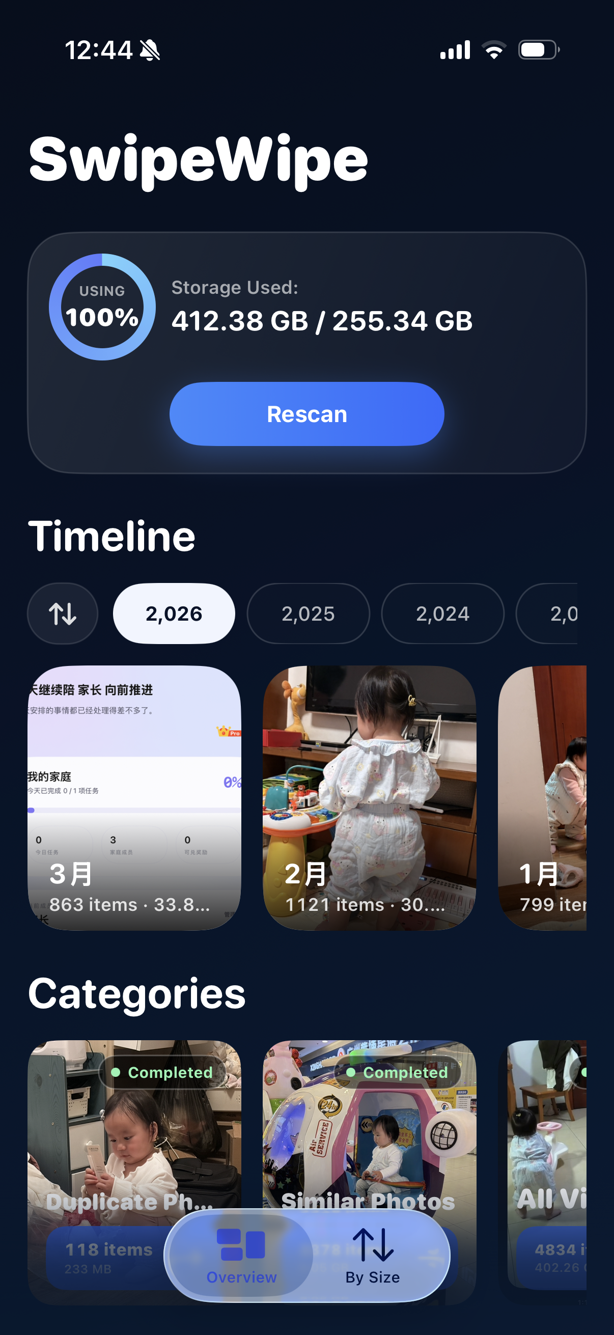 SwipeWipe overview showing storage, monthly timeline, and cleanup categories