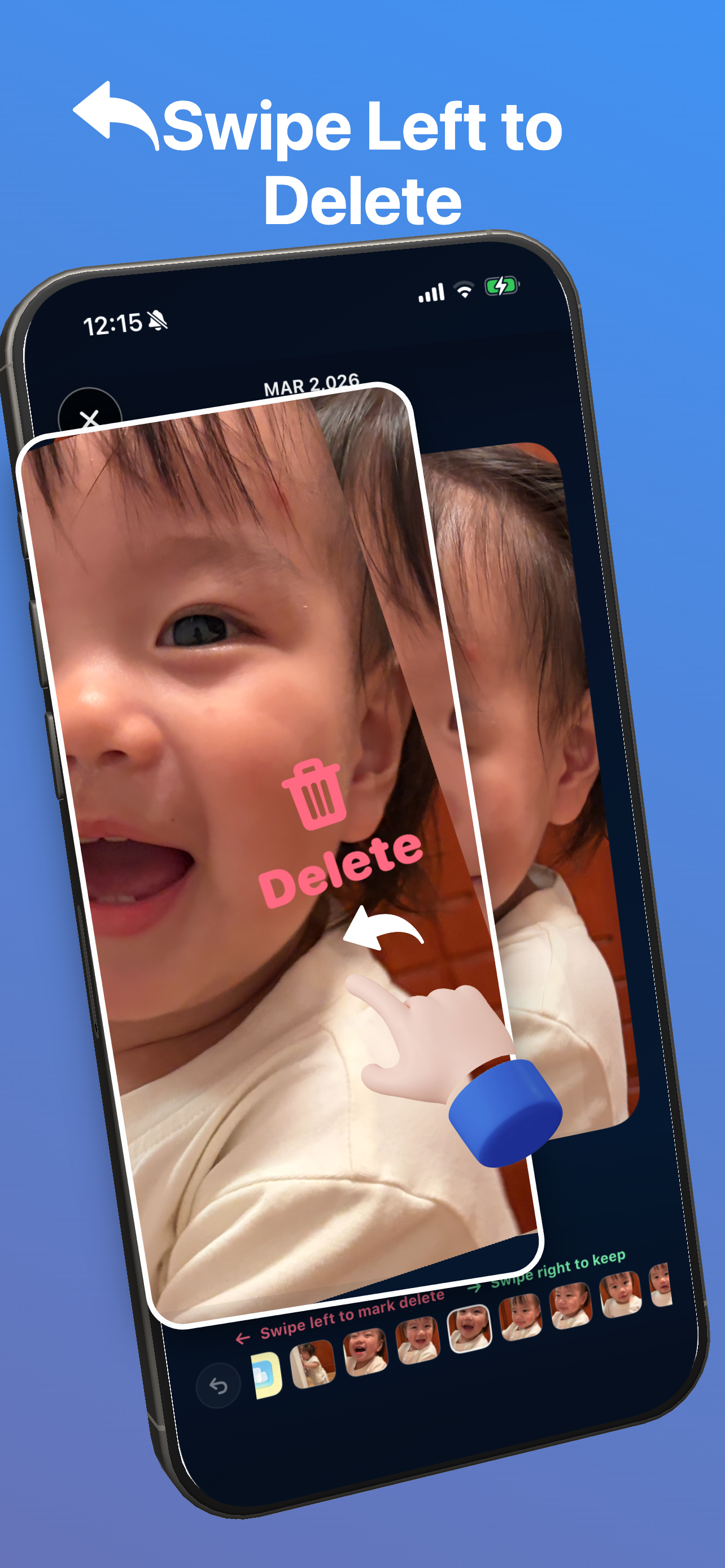 SwipeWipe screenshot showing duplicate photo cleanup on iPhone