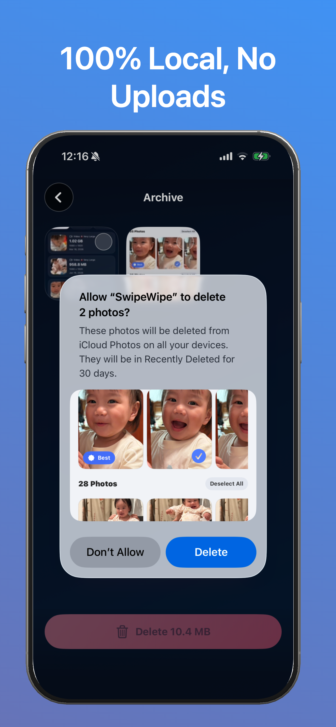 SwipeWipe screenshot showing large-video and storage cleanup tools on iPhone